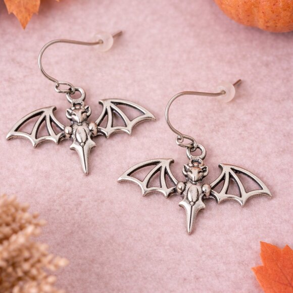 Hand Crafted Jewelry - Vampire Bat Dangle Earrings Silver Gothic Halloween Jewelry